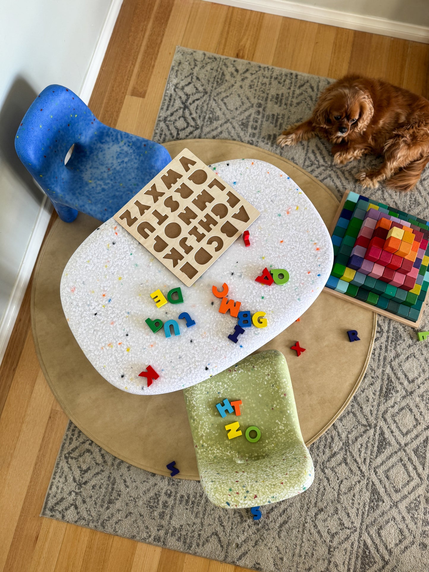 Confetti set ocean matcha colourful table and chairs with dog