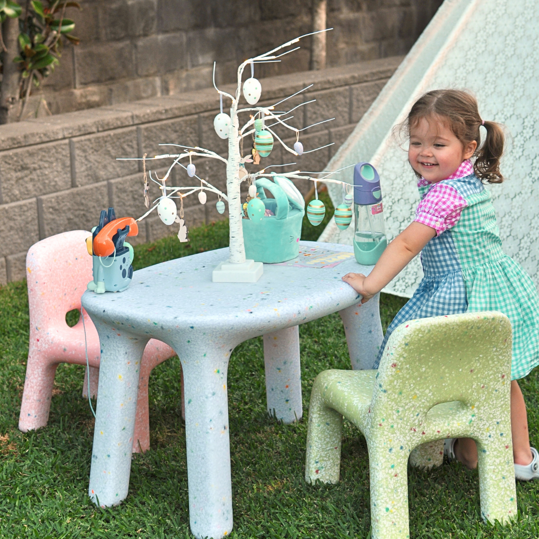 confetti white kids table, sage kids chair, and pink kids chair