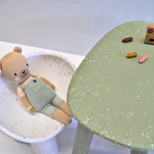 sage kids table and white kids chair