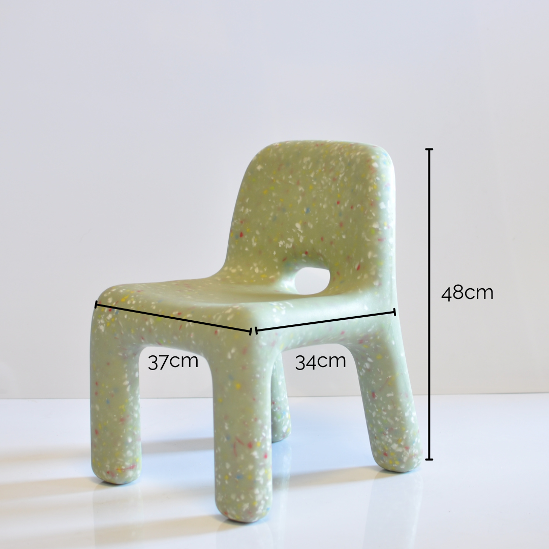 Green speckled confetti chair with measurements on a white background